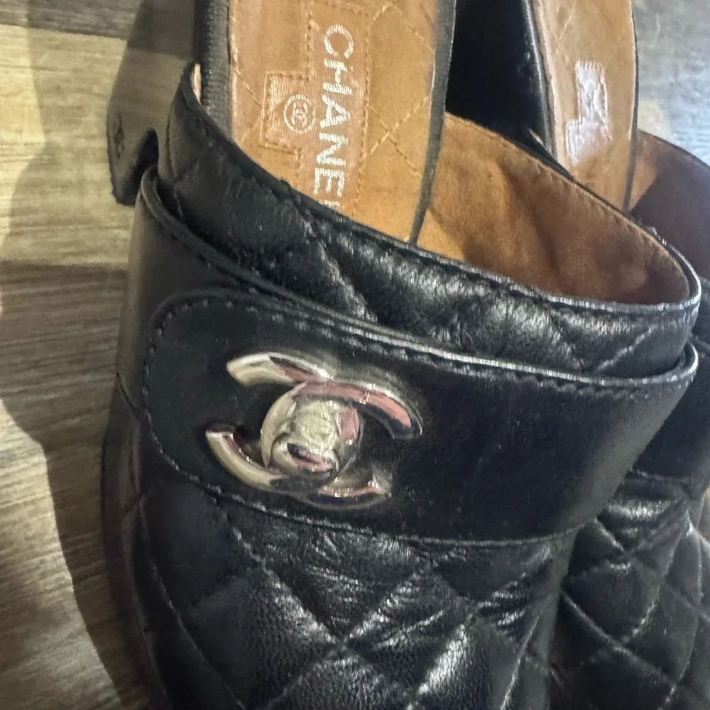 Chanel Black Quilted Mules with Silver Logo - Picture 4 of 6